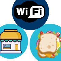 Wi-fi symbol, gift shop, and sandwich