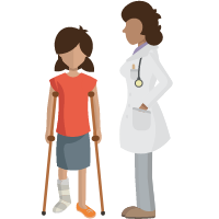 Child with crutches and doctor beside child